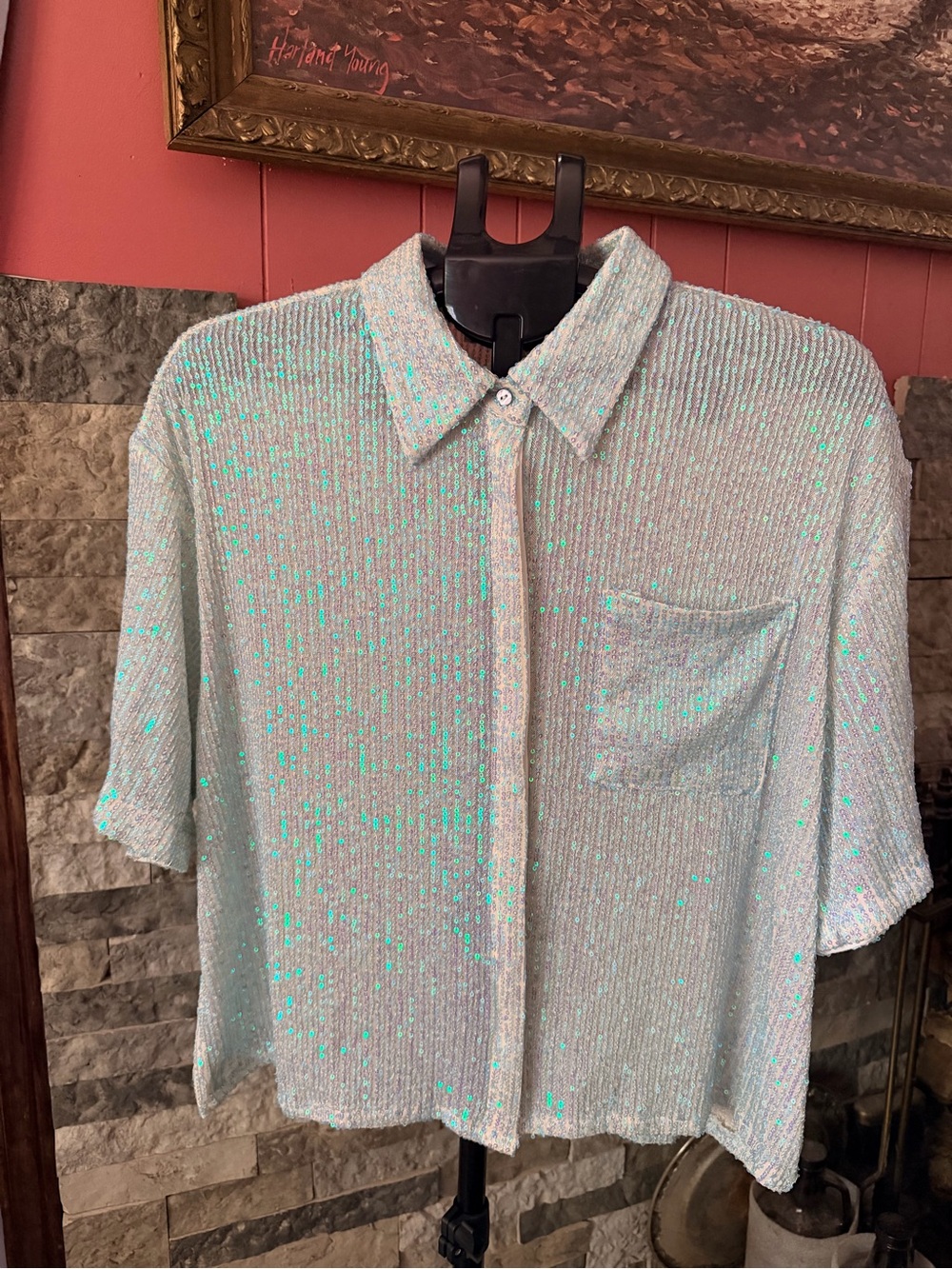 She + Sky Women's Iridescent Sequin Short Sleeve Button Down Top